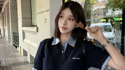 미ㅇ미우 체크 포플린 칼라 폴로 셔츠
